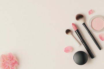 Poster - Cosmetic products are arranged neatly on a light surface, showcasing lipstick, makeup brushes, and powder with flower petals. Generative AI