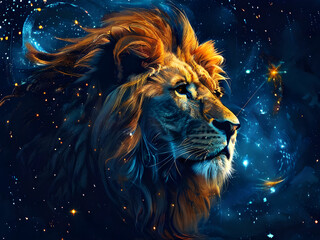 A lion formed by shining stars against a space blue and gold background generative ai