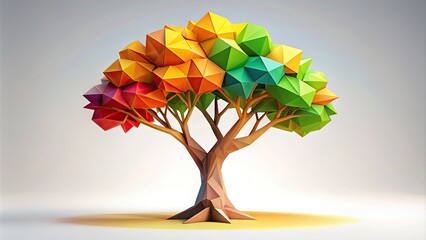 A stylized, brightly colored, low-poly tree stands alone on a white background, its geometric branches and trunk formed from simplified, angular shapes and lines.