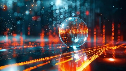 Poster - futuristic crystal ball is glowing on a dark surface with charts and graphs, predicting the future o
