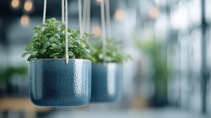 Two hanging plant pots holding lush green foliage are displayed prominently in a modern, well-lit interior space with blurred background elements contributing to a serene ambiance.