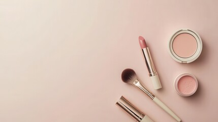 Aufkleber - A stylish arrangement showcases lipstick, makeup brushes, and powder compact on a soft light background, perfect for makeup enthusiasts. Generative AI