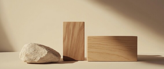 Minimalist composition of two wooden blocks of different sizes and shapes with a carved rock on the bottom left, set against a beige background, creating a simple and elegant atmosphere.