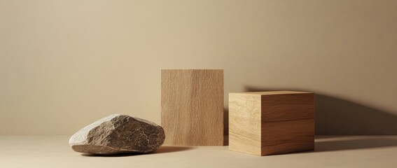 Minimalist composition of two wooden blocks of different sizes and shapes with a carved rock on the bottom left, set against a beige background, creating a simple and elegant atmosphere.