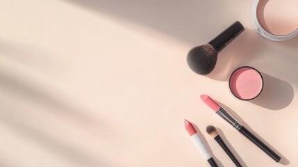 Wall Mural - Cosmetic products are neatly arranged on a light background, showcasing lipstick, brushes, and powder for a fresh, clean look. Generative AI