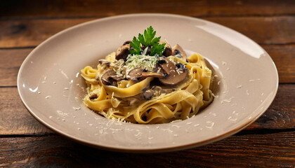 Overhead shot of tagliatelle pasta with creamy mushroom sauce, garnished with fresh parsley, served on a beige plate, with Parmesan and parsley scattered on a wooden background.