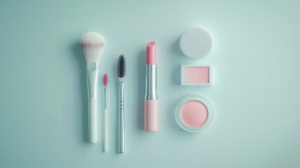 Poster - Cosmetic products including a lipstick, brushes, and powder are neatly arranged on a soft light background, emphasizing minimalism. Generative AI