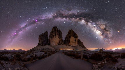 Alpine mountain valley, landscape with low clouds, sky full of purple stars with milky way,