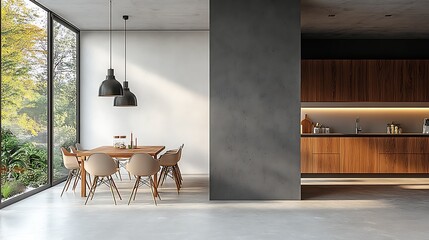 Wall Mural -  Stone house kitchen interior with cooking cabinet, dining table near window 