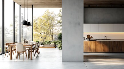 Canvas Print -  Stone house kitchen interior with cooking cabinet, dining table near window 