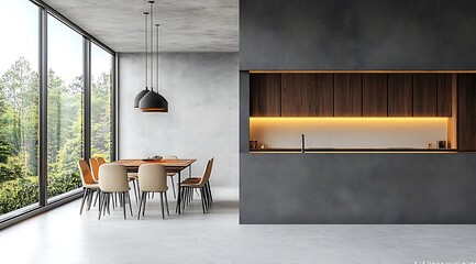 Canvas Print -  Stone house kitchen interior with cooking cabinet, dining table near window 