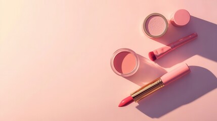 Wall Mural - A clean layout featuring lipstick, makeup brushes, and powder on a soft light background, ideal for beauty lovers and makeup artists. Generative AI