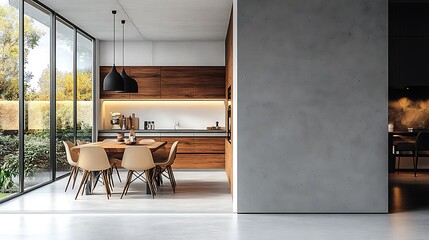 Canvas Print -  Stone house kitchen interior with cooking cabinet, dining table near window 