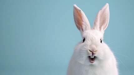 Canvas Print - A close-up of a white rabbit with its mouth open against a light blue background.