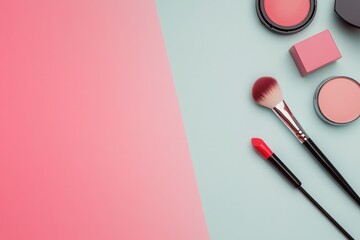 Wall Mural - A neat arrangement of cosmetic products displays a bright lipstick, brushes, and powder on a light pastel background, ideal for beauty lovers. Generative AI