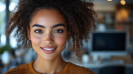  Inclusive image of happy blasian woman working on computer in creative agency office workplace. Young successful mixed race female businesswoman talking on client video call team meeting