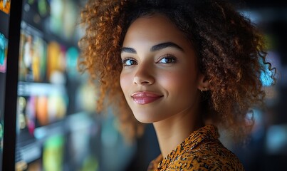  Inclusive image of happy blasian woman working on computer in creative agency office workplace. Young successful mixed race female businesswoman talking on client video call team meeting