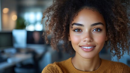  Inclusive image of happy blasian woman working on computer in creative agency office workplace. Young successful mixed race female businesswoman talking on client video call team meeting