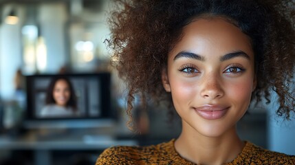  Inclusive image of happy blasian woman working on computer in creative agency office workplace. Young successful mixed race female businesswoman talking on client video call team meeting