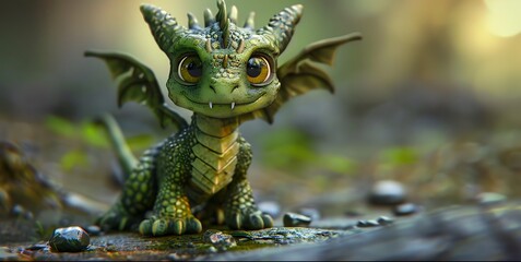 Poster - A cute, small dragon character with big eyes and detailed scales, set in a natural environment.