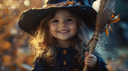 2 Child in a witch costume holding a broomstick, smiling.