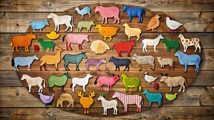 Colorful icons of livestock, including cattle, pigs, sheep, horses, and chickens, arranged in a circular pattern on a rustic, wooden background.