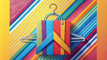 Colorful illustration of a stylized shopping bag with a garment hanger inside, surrounded by bold lines and minimalist shapes, evoking a sense of modern fashion retail.