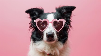 Wall Mural - A dog wearing heart-shaped pink sunglasses against a pink background, exuding a playful and fun vibe.