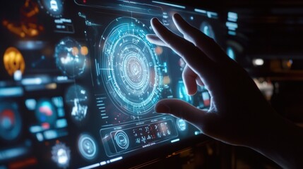 Futuristic Interface Design: A hand interacts with a digital display filled with data and graphics, highlighting the power of technology and innovation in our modern world