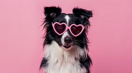 Wall Mural - A playful dog wearing heart-shaped sunglasses against a pink background.