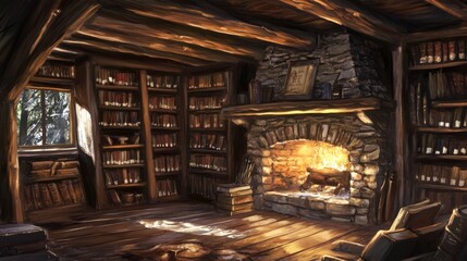 The library is made of dark wood with a fireplace and an abundance of old books. The library is made of dark wood with a fireplace, bookshelves, and old books.