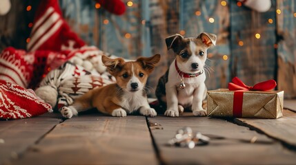 Sticker - Two playful puppies surrounded by festive decorations and a gift, capturing a joyful holiday atmosphere.