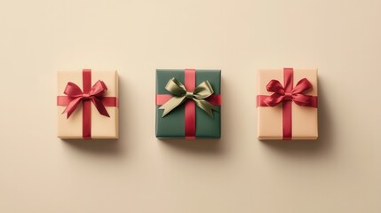 Brightly colored minimalist gift boxes with geometric designs feature vibrant ribbons tied in bows, perfect for Christmas celebrations. Generative AI