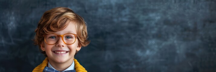 Smiling young schoolboy with curly hair in a classroom, standing in front of a chalkboard. Free copy space for text.