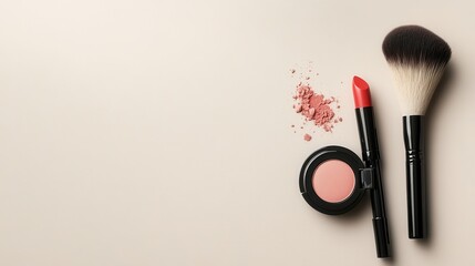 Aufkleber - Cosmetic products are neatly arranged on a light surface, showcasing lipstick, blush, and makeup brushes for a stylish look. Generative AI