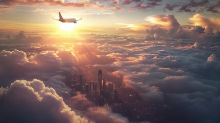 Wall Mural - aeroplane over the clouds at sunset 