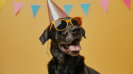 Sticker - A cheerful black dog wearing sunglasses and a party hat, set against a colorful background with festive decorations.