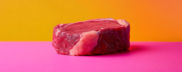 High-resolution minimalist photo of raw steak against colorful pop art background