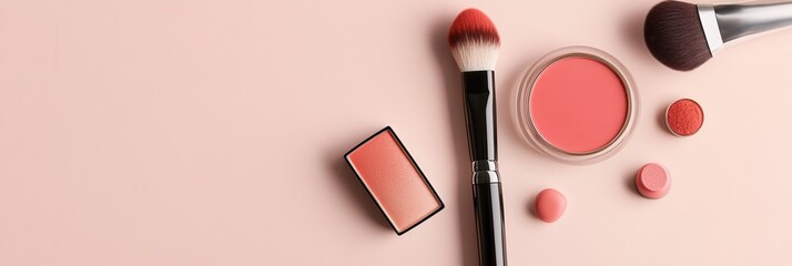 Poster - A curated display featuring lipstick, makeup brushes, and powder, all elegantly arranged on a light, calming background to showcase beauty products. Generative AI