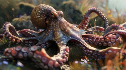 Wall Mural - Octopus closeup with natural landscape generative ai