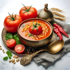 tomato soup, Moroccan, cuisine, fresh vegetables, whole tomatoes, cucumbers, garlic, cloves, herbs, spices, parsley, star anise, aromatic, wholesome, meal, vibrant, presentation, colorful, appetizing,