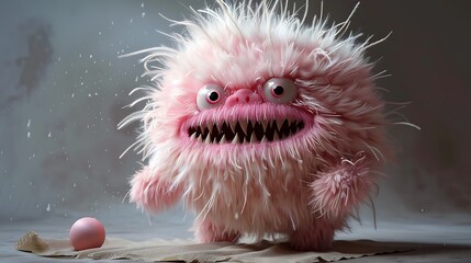 Sticker - A fluffy, pink creature with sharp teeth stands next to a pink egg on a textured surface, creating a whimsical scene.