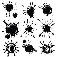 Wall Mural - Black ink splatters on a white background showcasing diverse shapes and splat patterns.