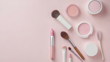 Wall Mural - A collection of cosmetic items, including lipstick, brushes, and powders, artfully arranged on a light pink surface for a clean look. Generative AI