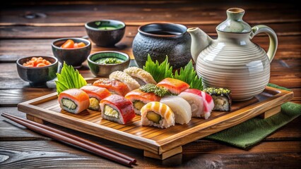 Elegant arrangement of assorted sushi rolls and nigiri on a traditional wooden platter, paired with a delicate sake set and ornate ceramic sake jug.