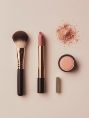 Poster - Cosmetic products are neatly arranged on a light backdrop, showcasing lipstick, brushes, and powder for everyday beauty routines. Generative AI