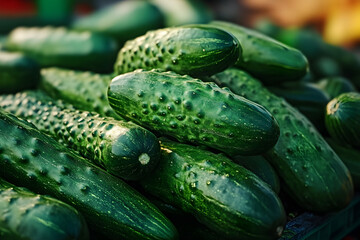 Wall Mural - Vegetable background, harvest of green bio cucumbers