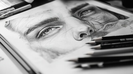 A close-up of a sketchbook filled with intricate pencil sketches, with shading techniques enhancing the depth and realism