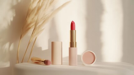 Poster - A sleek display features lipstick, makeup brushes, and powder against a light background, illuminated by gentle natural light. Generative AI