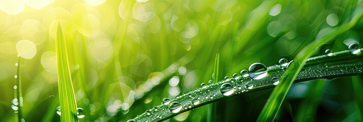 Canvas Print - Morning dew on a green grass blade with water droplets shallow depth of field